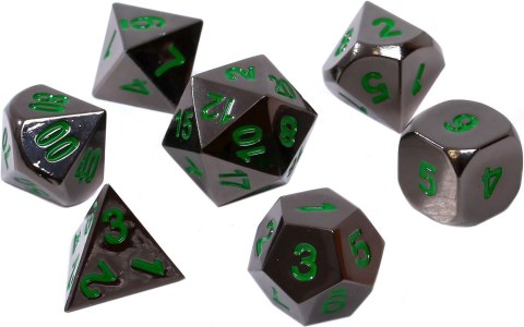Komplet kości REBEL RPG - Metal - Czarna stal z zielonymi numerami Komplet kości REBEL RPG - Metal - Czarna stal z zielonymi numerami